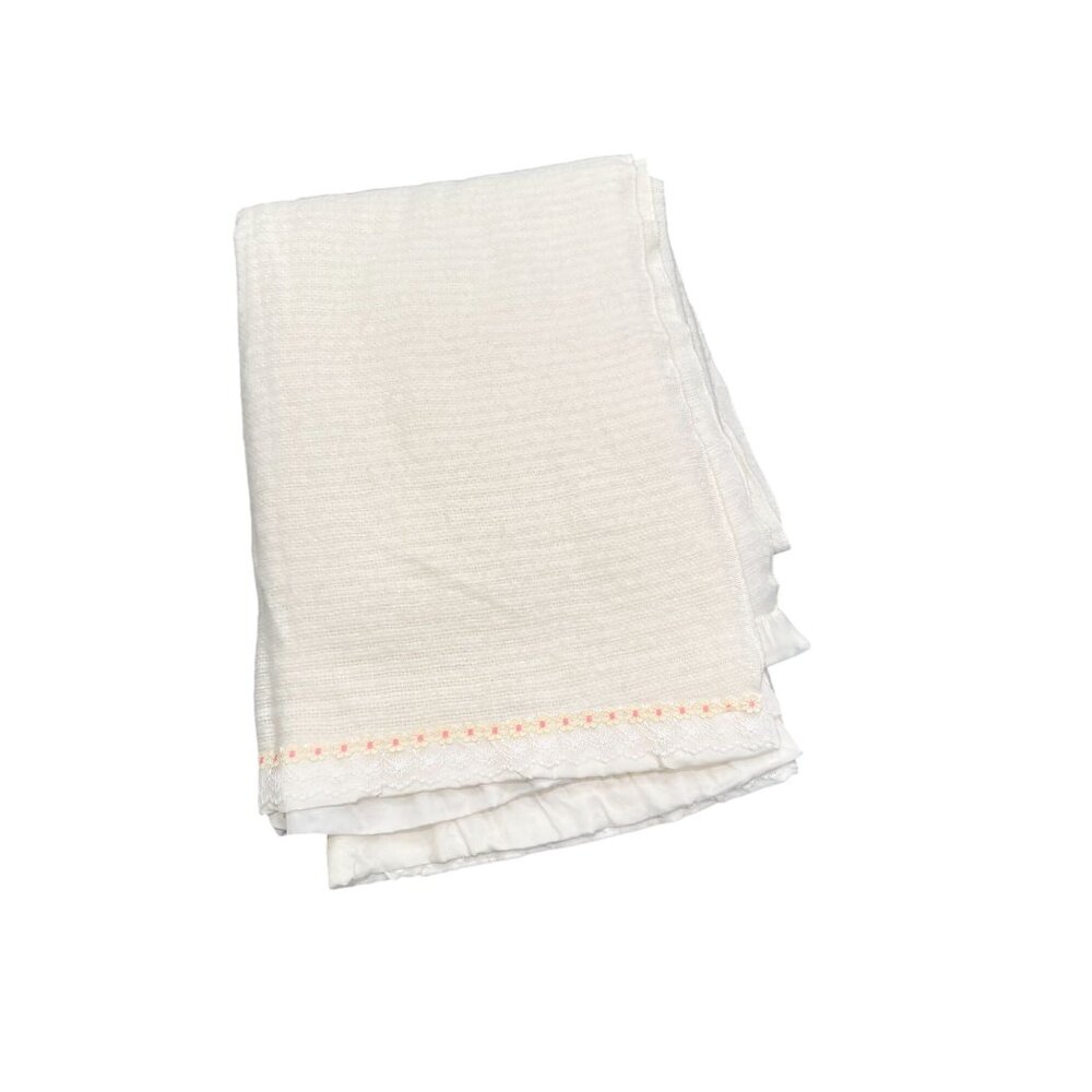 Vintage White Waffle Weave Blanket With Satin Lace Floral Trim 88 x 70 inches Ma